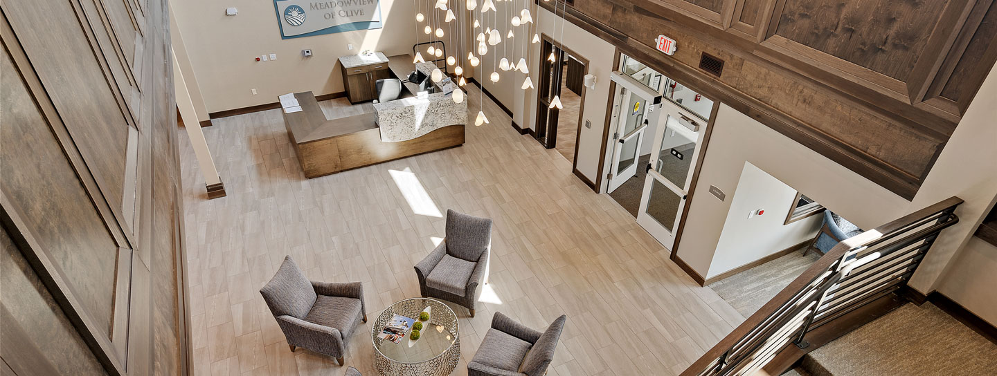 Welcoming lobby from above, Meadowview Independent Living Assisted Living, Clive IA