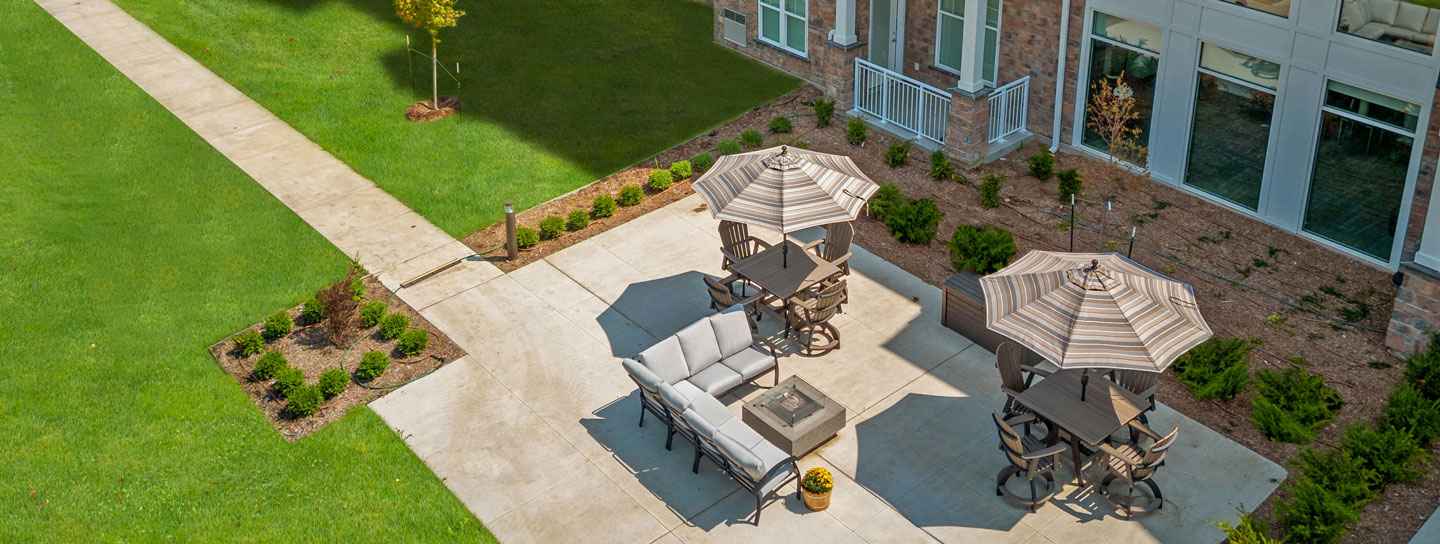 Outdoor Spaces - fire pit and seating area, Meadowview Independent Living Assisted Living, Clive IA