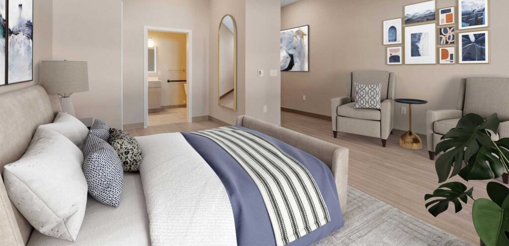 Spacious one-bedroom apartment with private bath in memory care at Meadowview of Clive.